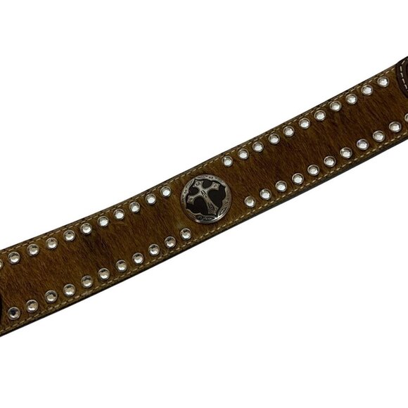 3D Belt Co Mens Western Sz 38 Handcrafted Leather Hide Studs Cross Conchos - Picture 4 of 6